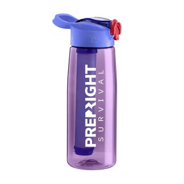Prep-Right Survival, Water Filter Bottle with a 4 Stage Water Filtration System, For Camping and Hiking, Compass Lid, 22 oz, Purple
