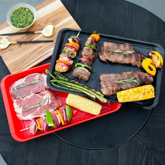 Prep & Serving Trays & Rolling Grill Baskets Bundle | Set of 2 Stackable, Melamine Trays | 2 Rolling Grilling Baskets | Barbecue Grill Set with BBQ Gloves | Perfect for Vegetables, Meat