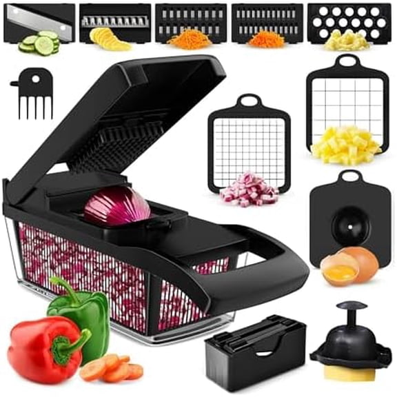 PrepNaturals Vegetable Chopper with Container, Veggie Chopper, Food Chopper & Onion Chopper - Mandoline Slicer for Kitchen (8 in 1, Black)