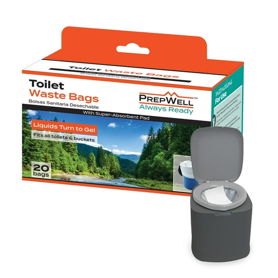 PrepWell Disposable Toilet Bags with Super Absorbent Pad (20 Count)-Leak Resistant-Universal Size Fits any Portable Toilet or Bucket- Eliminates Odors- Great for Outdoors and Emergencies