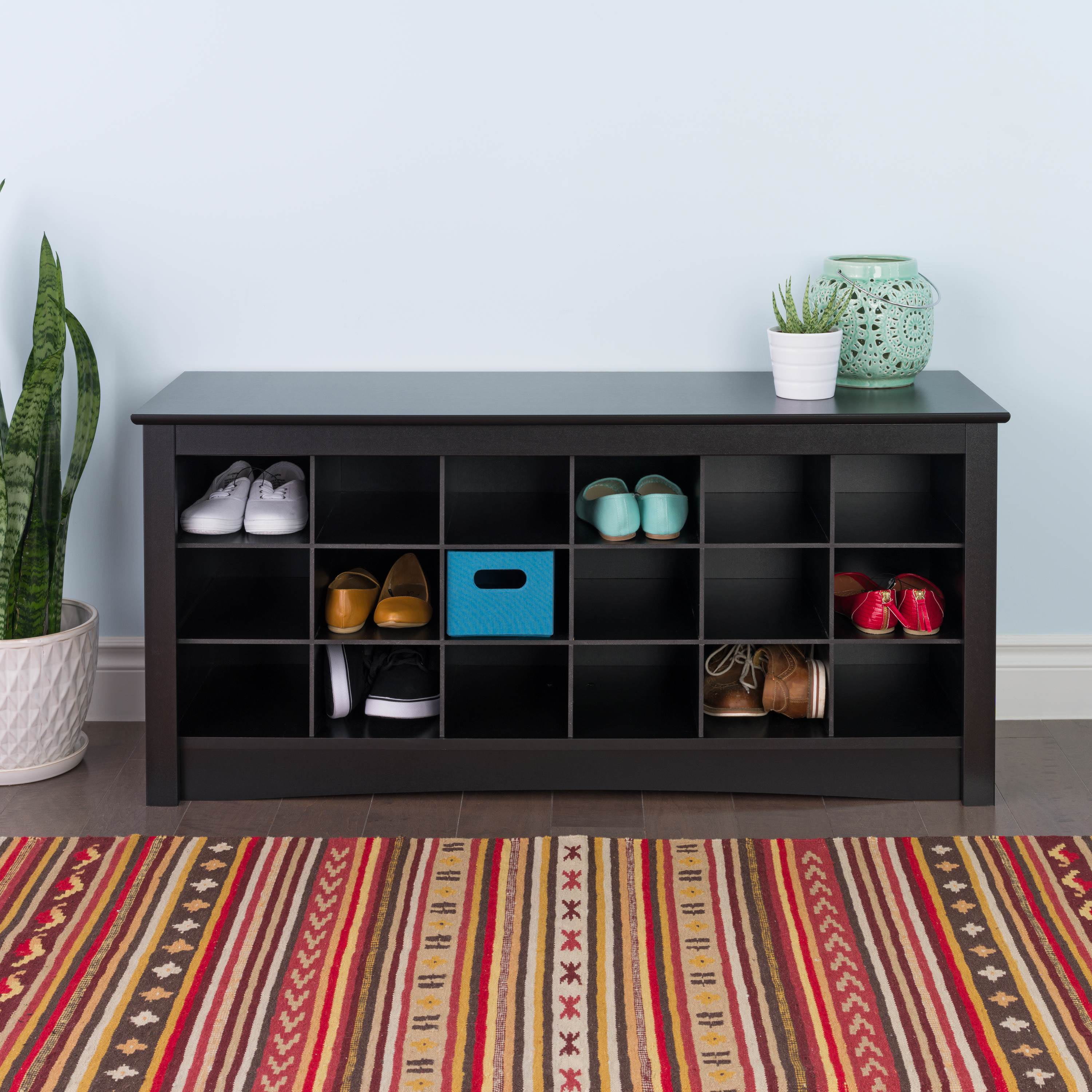 Black Wooden Shoe Storage Cubbie Bench with 18 Compartments