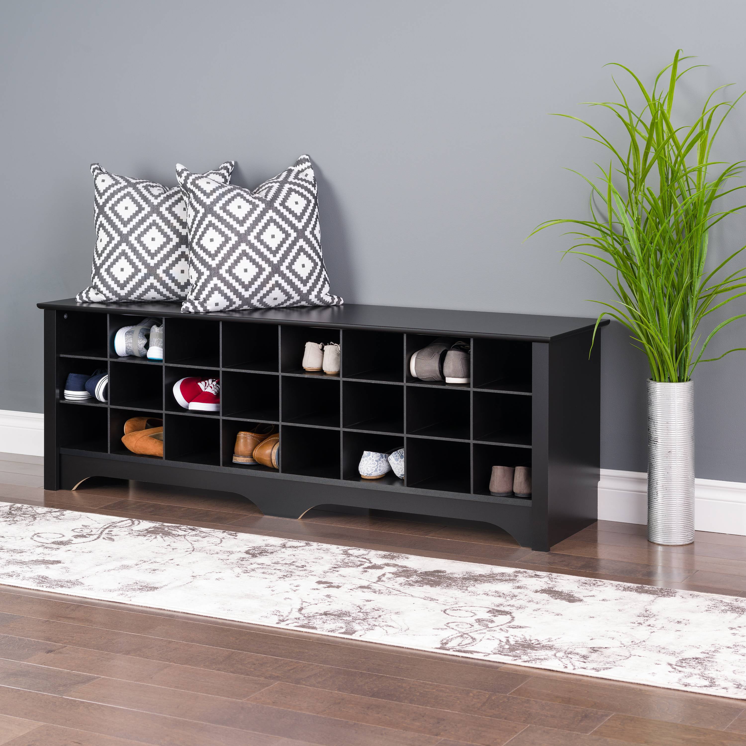Black Engineered Wood Shoe Storage Bench with 24 Cubbies
