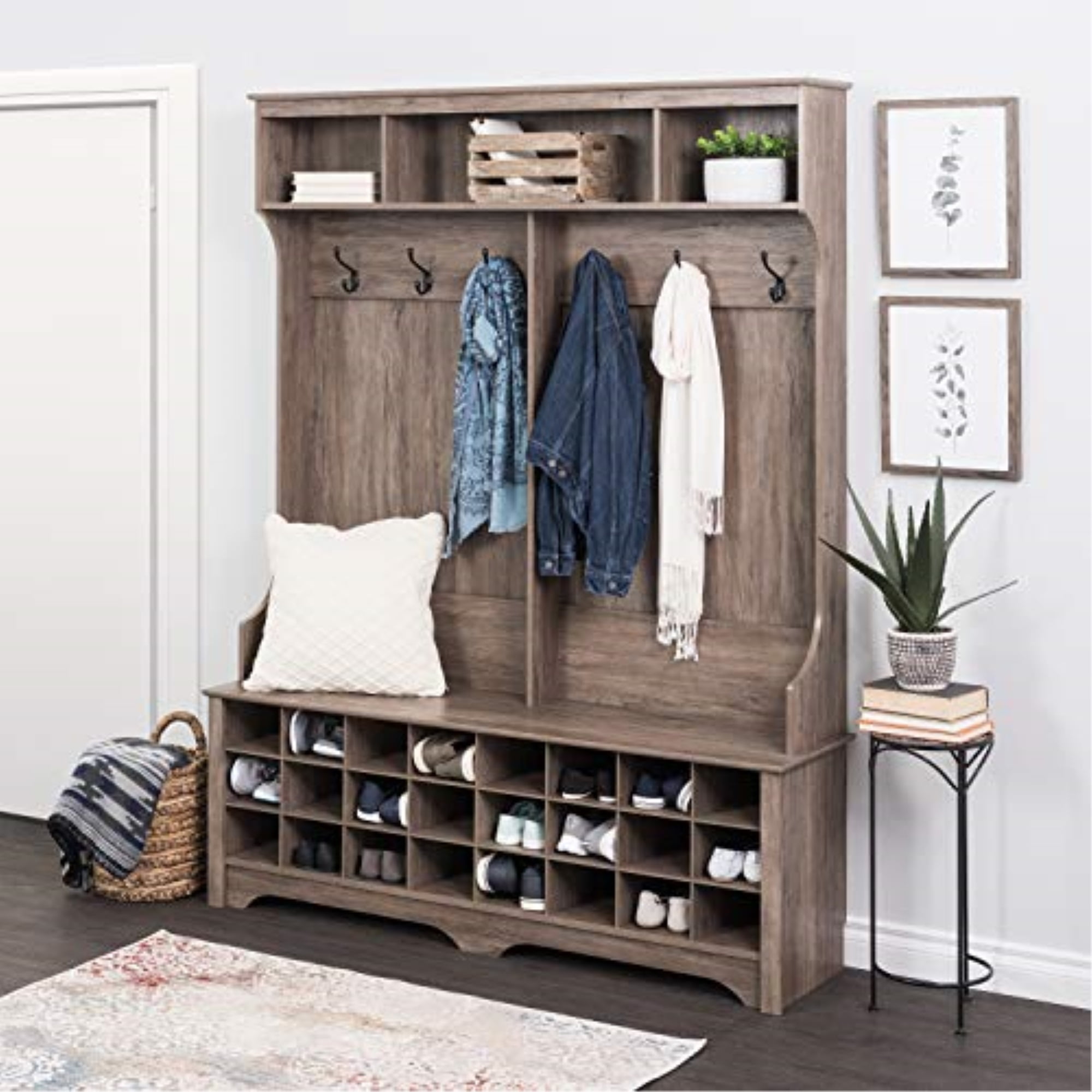 Drifted Gray Hall Tree with 24 Shoe Cubbies and Coat Hooks