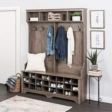 Prepac 60" Wide Hall Tree with 24 Shoe Cubbies, Drifted Gray