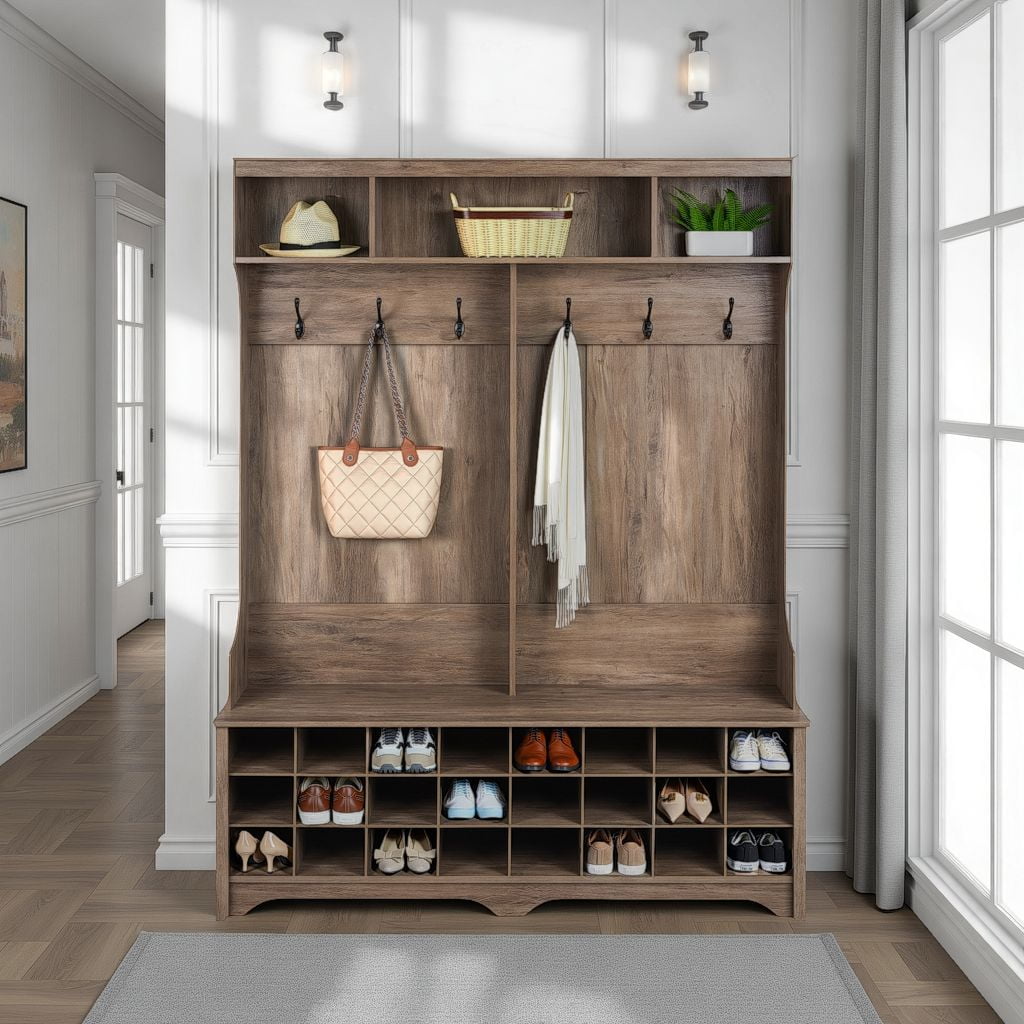 Prepac Entryway Mudroom Coat Rack, 24 Shoe Cubby, Storage Bench