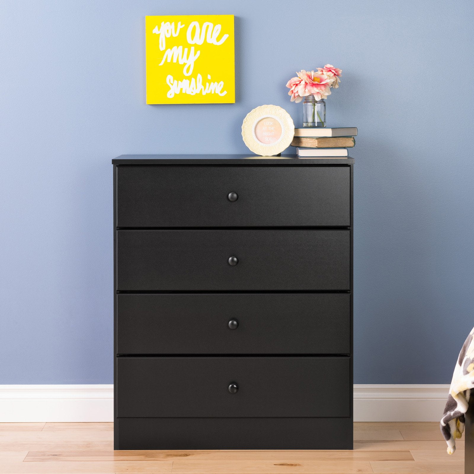 Astrid Sleek Black 4-Drawer Dresser with Solid Wood Knobs