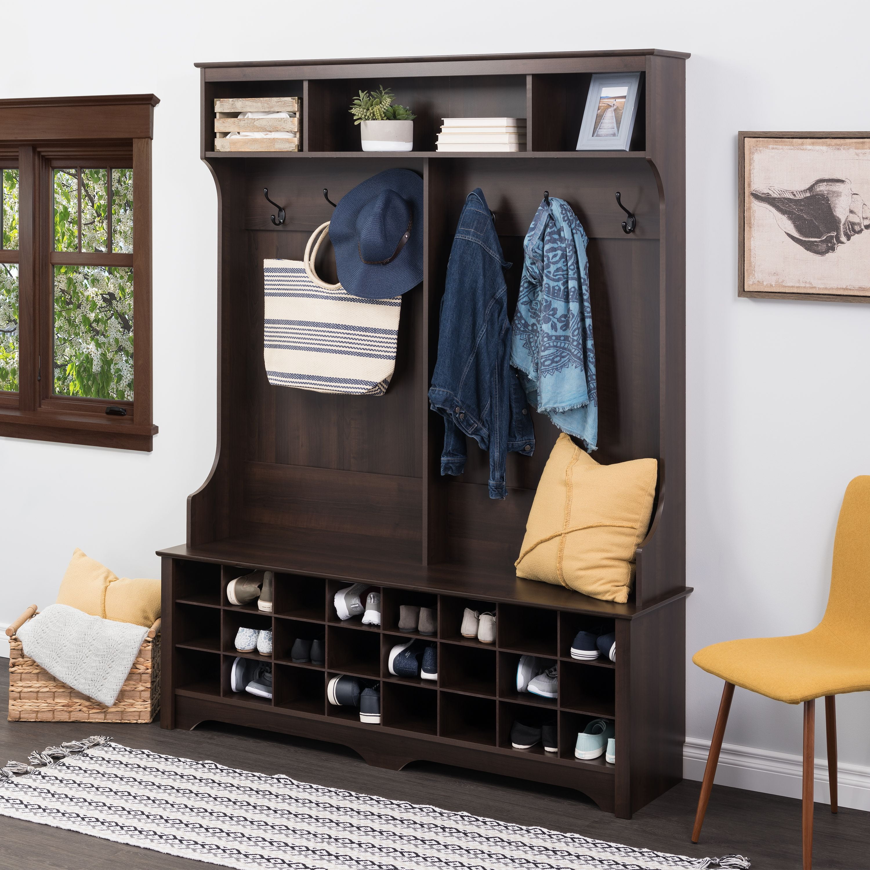 Prepac Brown Hall Tree with Bench and Shoe Storage, 60"W x 77"H x 15.5
