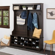 Prepac Brown Hall Tree with Bench and Shoe Storage, 60"W x 77"H x 15.5"D - 24 Shoe Cubby, Mudroom Bench with Storage and Hooks