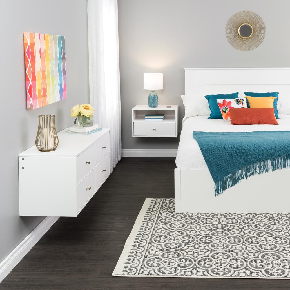 White Wall-Mounted Dresser and Nightstand Set with Brass Knobs