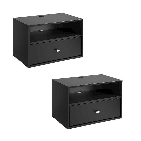 Prepac Hanging Nightstand with Open Shelf Black Engineered Wood-Set of 2