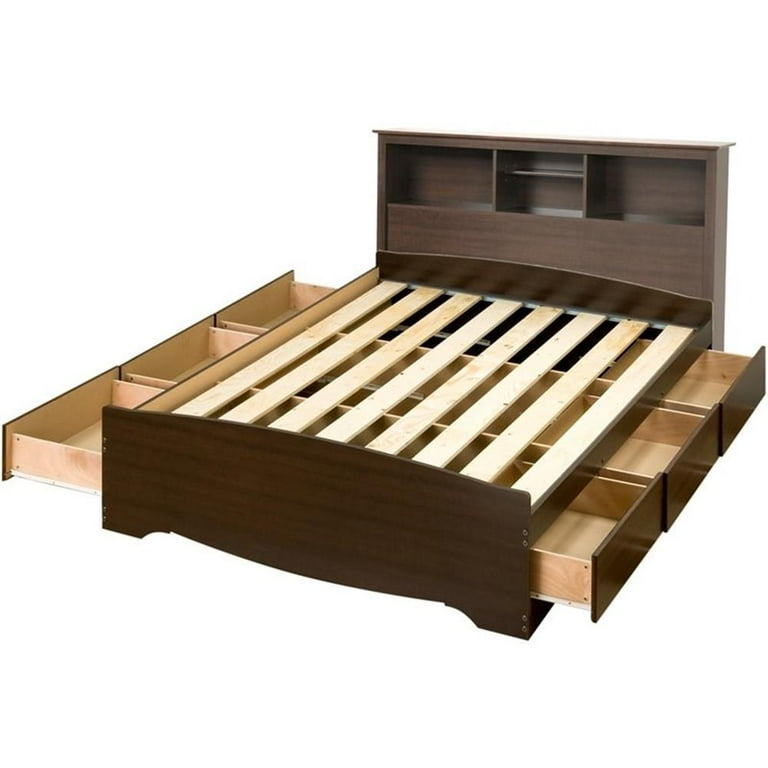 Prepac Wooden Queen Size Bed with Bookcase Headboard Storage Drawers and Shelves Espresso Finish Walmart