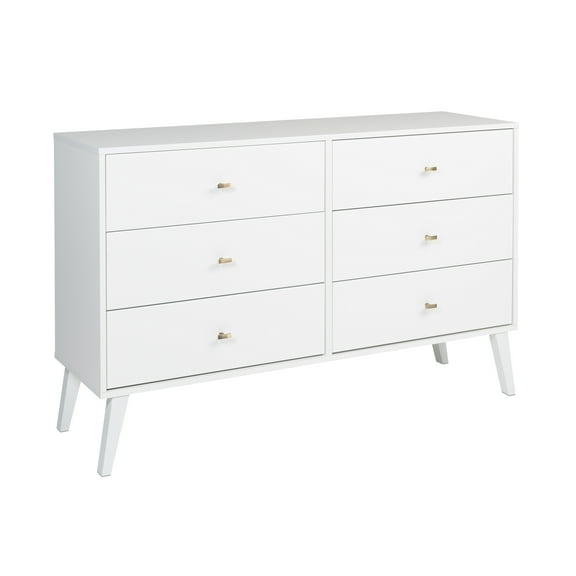 Prepac Milo Mid-Century 6 Drawer Wooden Double Dresser, 16.75" x 52.5" x 33", White