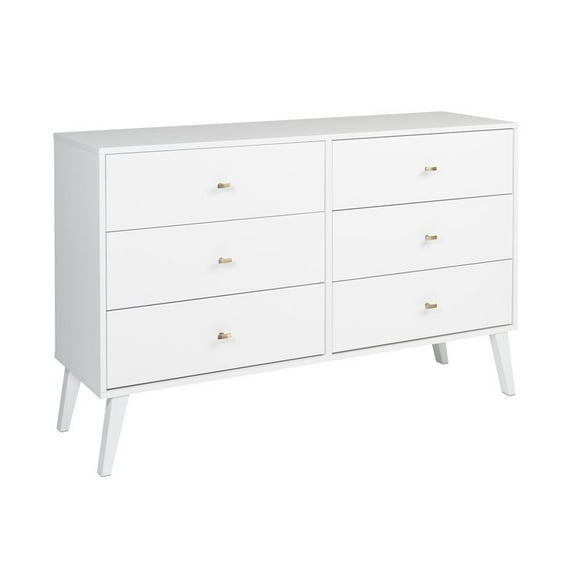 Prepac Milo Mid-Century 6 Drawer Wooden Double Dresser, 16" x 52.25" x 33", White