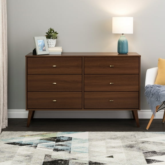Prepac Milo Mid-Century 6 Drawer Wooden Dresser, 16" x 52.25" x 33", Cherry
