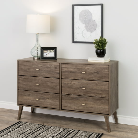 Prepac Milo Mid-Century 6 Drawer Wooden Dresser, 16" x 52.25" x 33", Drifted Gray
