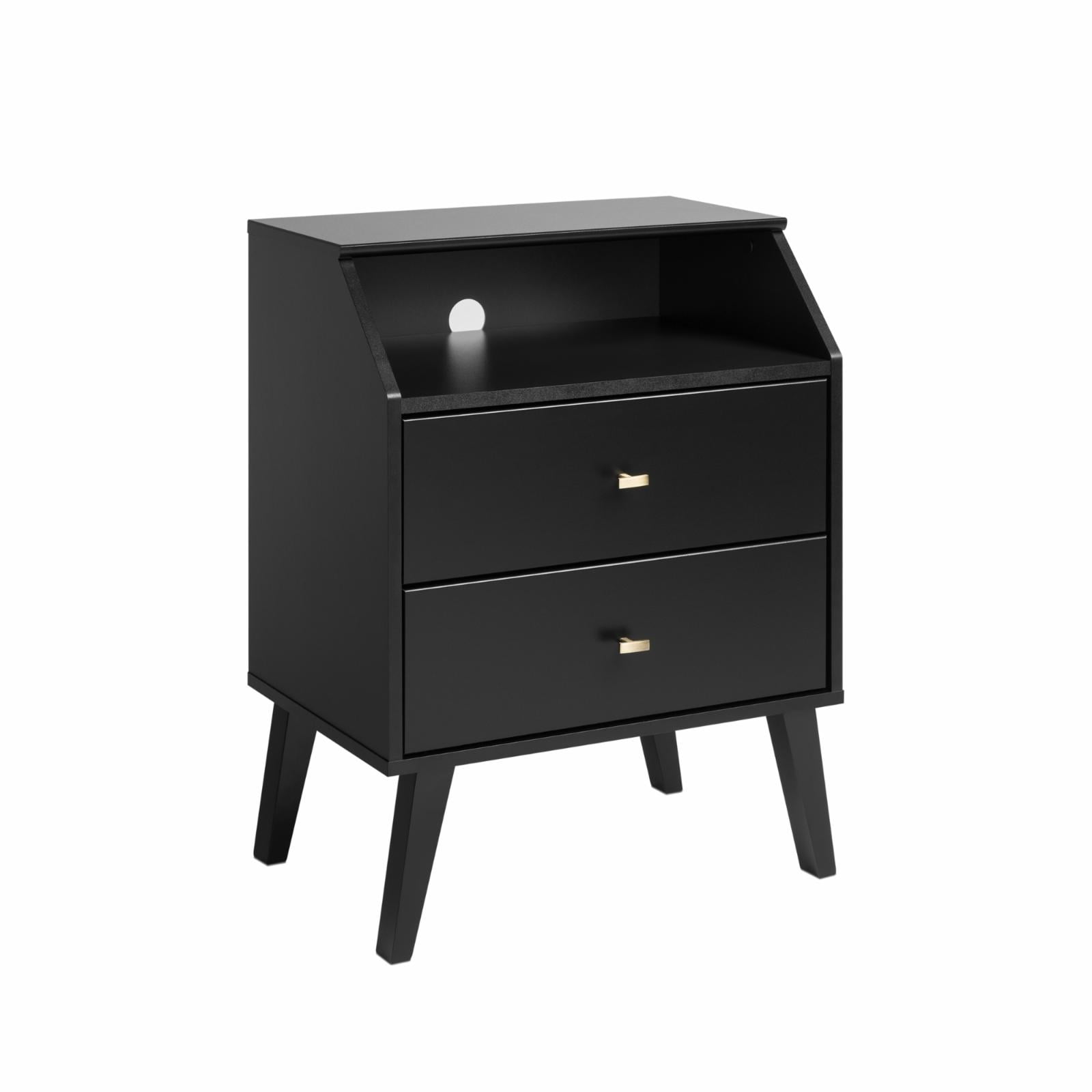 Milo Mid-Century Modern Black 2-Drawer Nightstand with Brass Knobs