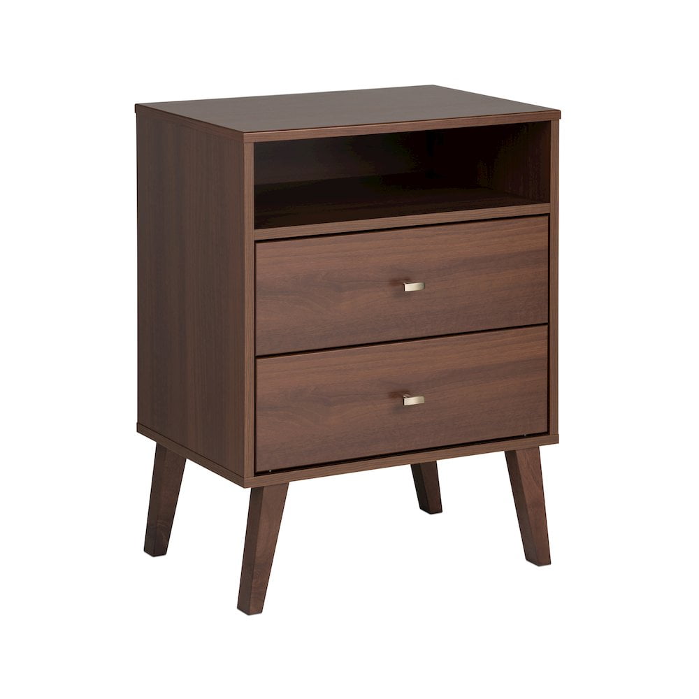 Cherry Wood and Brass Mid-Century Modern Nightstand with Open Shelf