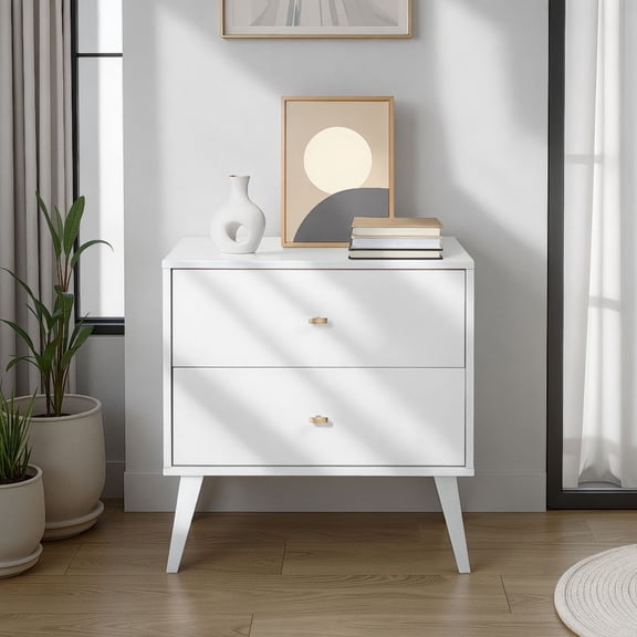 Prepac Milo Mid-Century Modern 2-Drawer Nightstand, 16"D x 25"W x 25"H, White