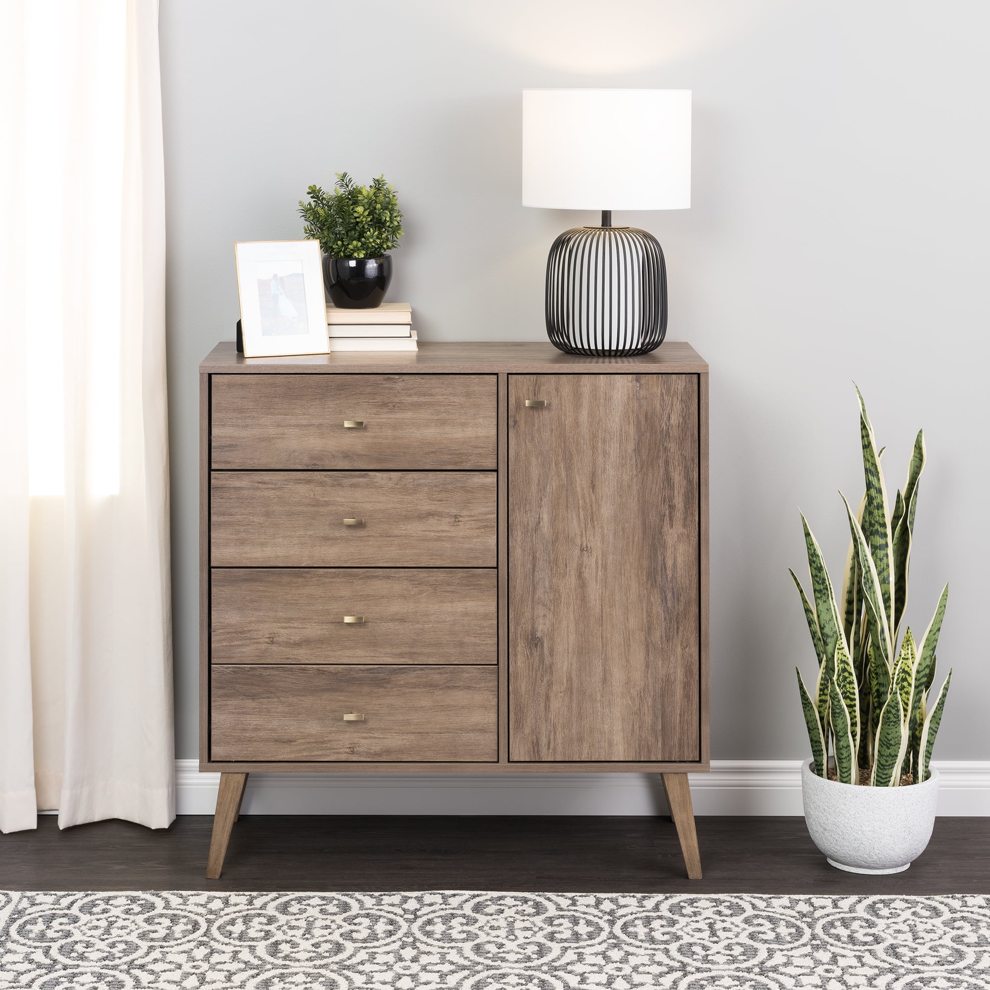Prepac Milo Mid Century Modern 4 Drawer Chest with Door Drifted Gray