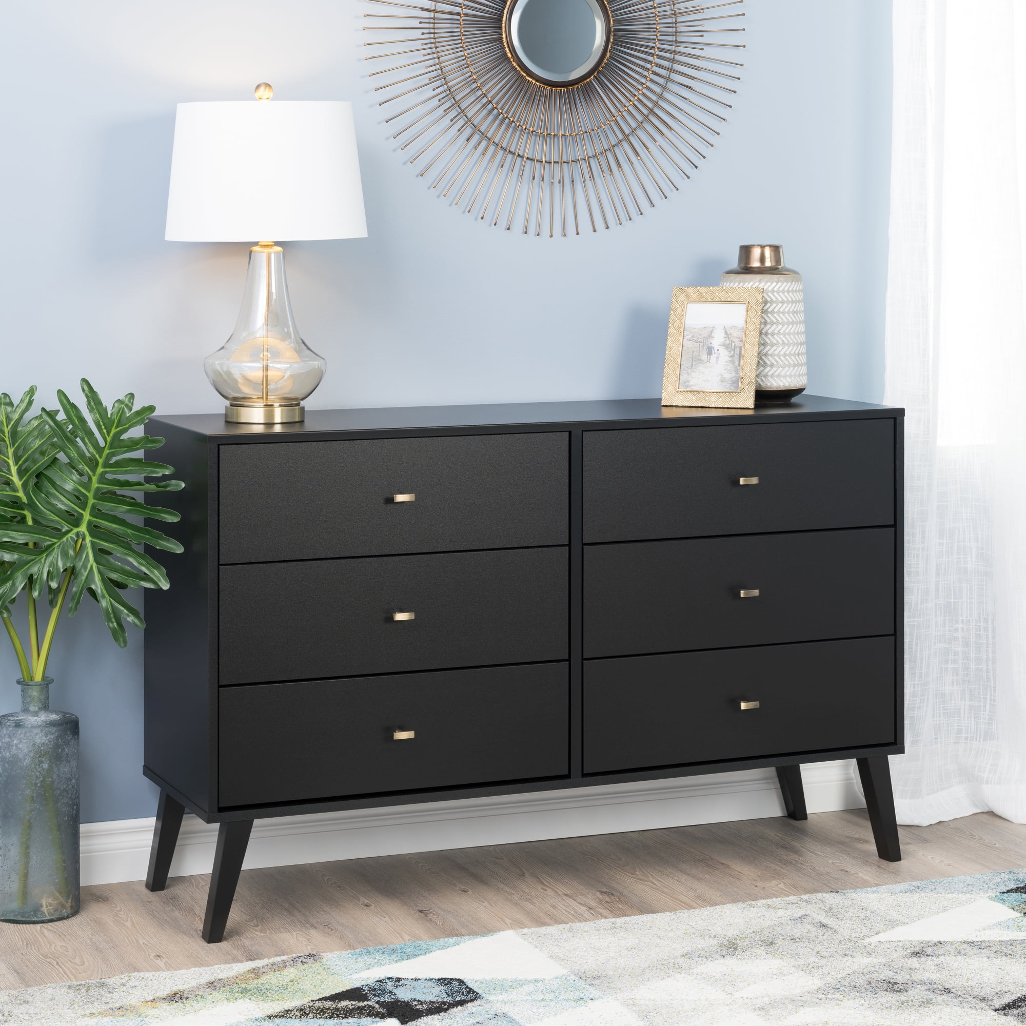 Black Mid-Century Double Dresser with Deep Drawers