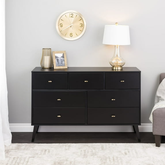 Prepac Milo Mid Century Modern 7-Drawer Double Dresser, Black