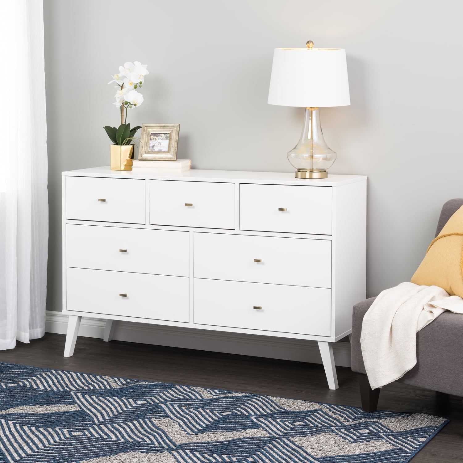 Prepac Milo Mid Century Modern 7 Drawer Dresser White