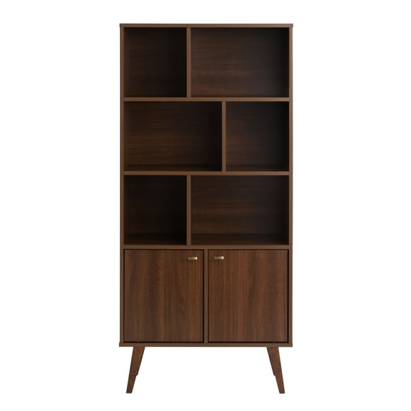 Prepac Milo Mid-Century Modern Bookcase with Inlet Shelves, Two Doors, and Brushed Brass-Finished Knobs, Cherry
