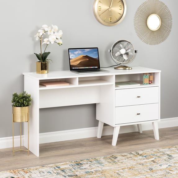 Prepac Milo Mid Century Modern Computer Desk with Side Storage and 2 Drawers, White
