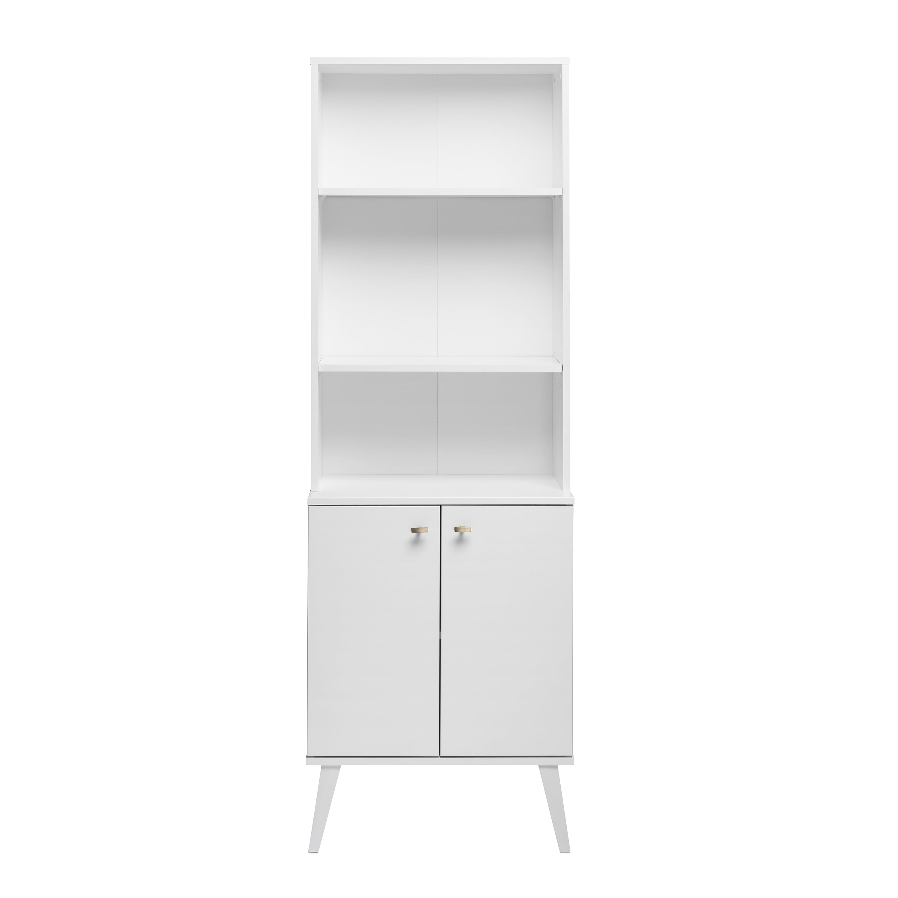Prepac Milo Mid Century Modern Tall Bookcase with Adjustable Shelves Two Doors and Brushed Brass Finished Knobs White