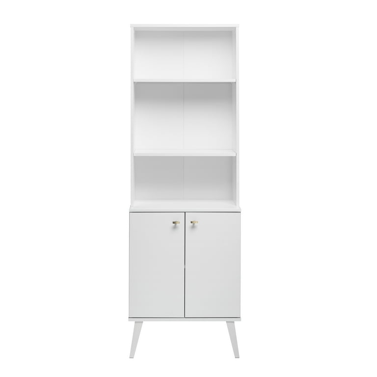 Prepac Milo Mid Century Modern Tall Bookcase with Adjustable Shelves Two Doors and Brushed Brass Finished Knobs White