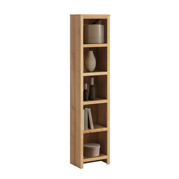 Prepac Moda 80" Tall 5-Tier Narrow Bookcase in Natural Oak, Modern Storage Accent Bookshelf with 3 Adjustable Shelves for Home, Office, Living Room, Bedroom