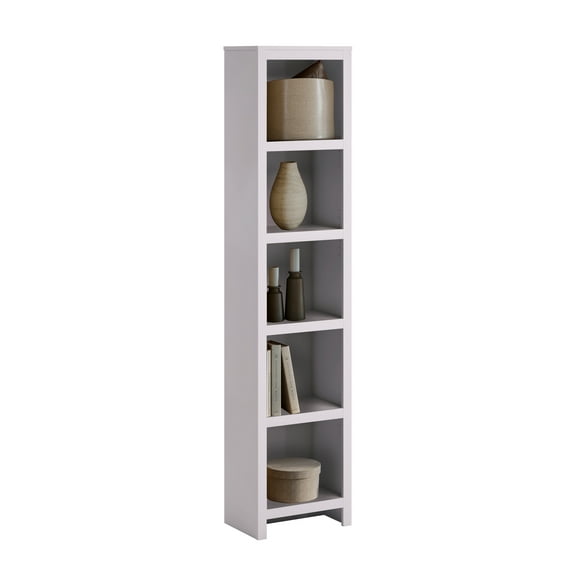 Prepac Moda 80" Tall 5-Tier Narrow Bookcase in White, Modern Storage Accent Bookshelf with 3 Adjustable Shelves for Home, Office, Living Room, Bedroom