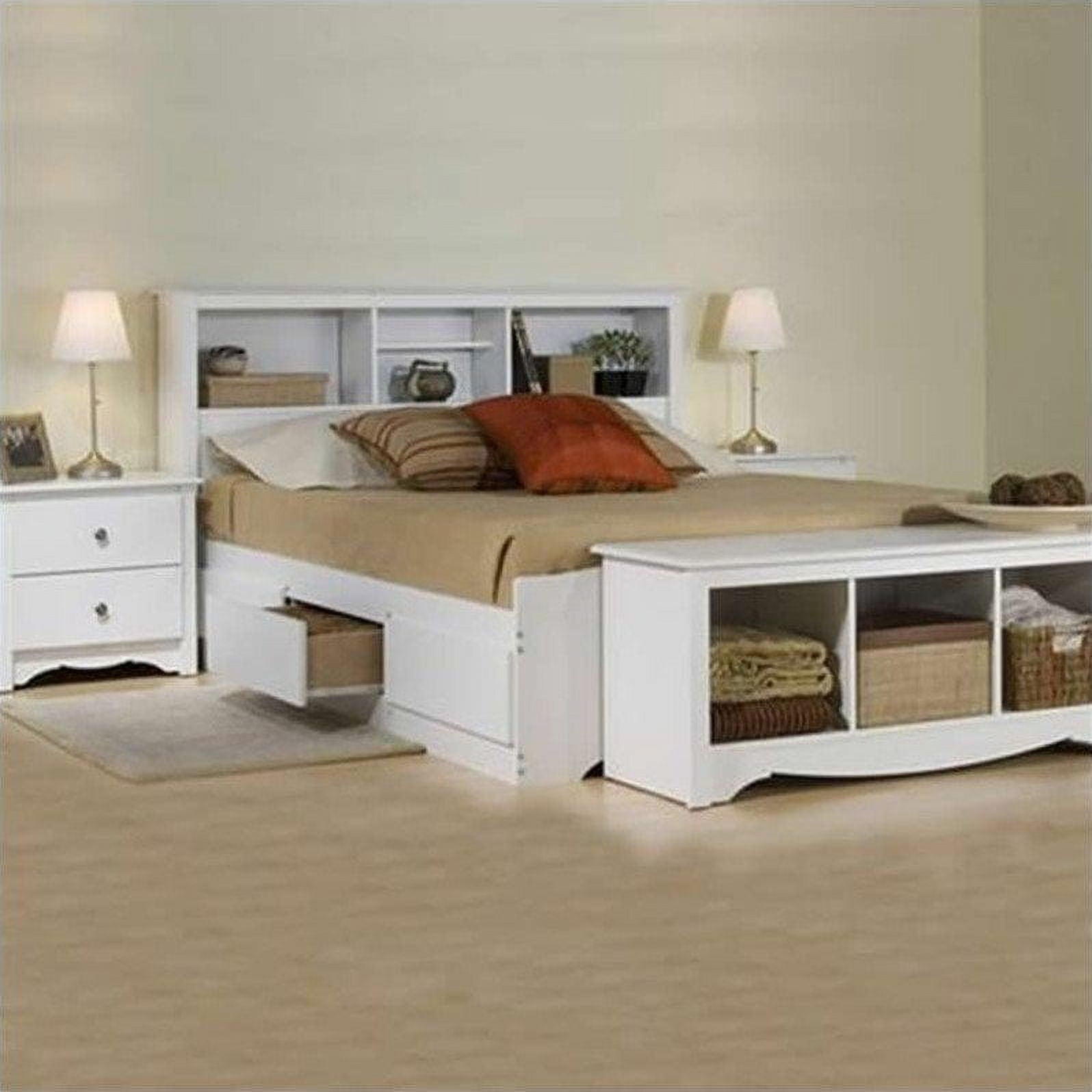 Prepac Monterey White Queen Bookcase Platform Bed 3 Piece Bedroom Set