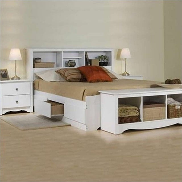 Prepac Monterey White Queen Bookcase Platform Bed 3 Piece Bedroom Set
