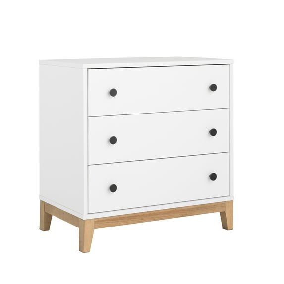 Prepac Nordik Nightstand Bedside Table, White & Oak Nightstand for Bedroom, End Table with 3 Drawers 16"D x 26.5"W x 26.75"H, WODNR-2203-1