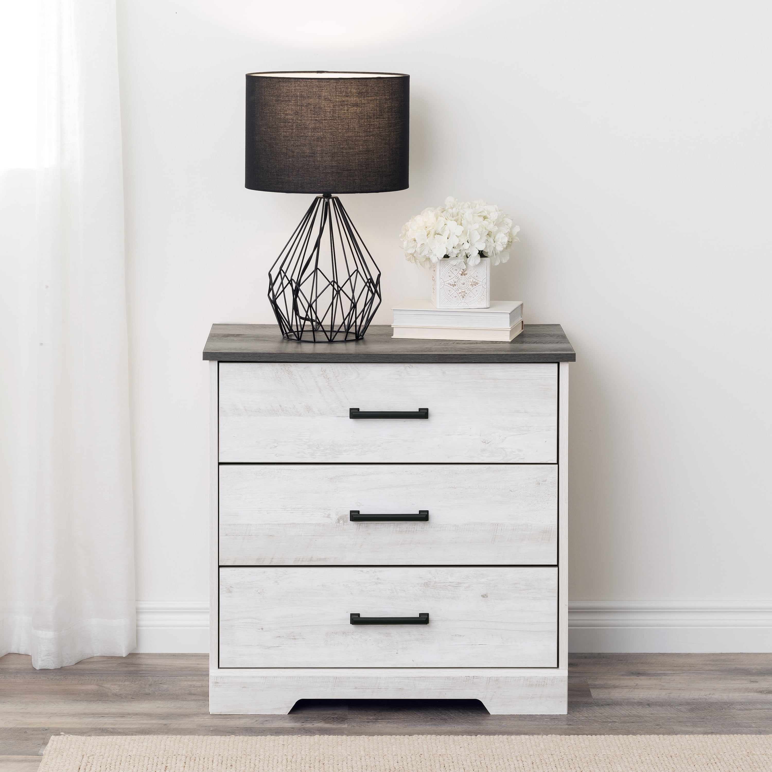 Washed White 3-Drawer Farmhouse Nightstand with Rustic Gray Top