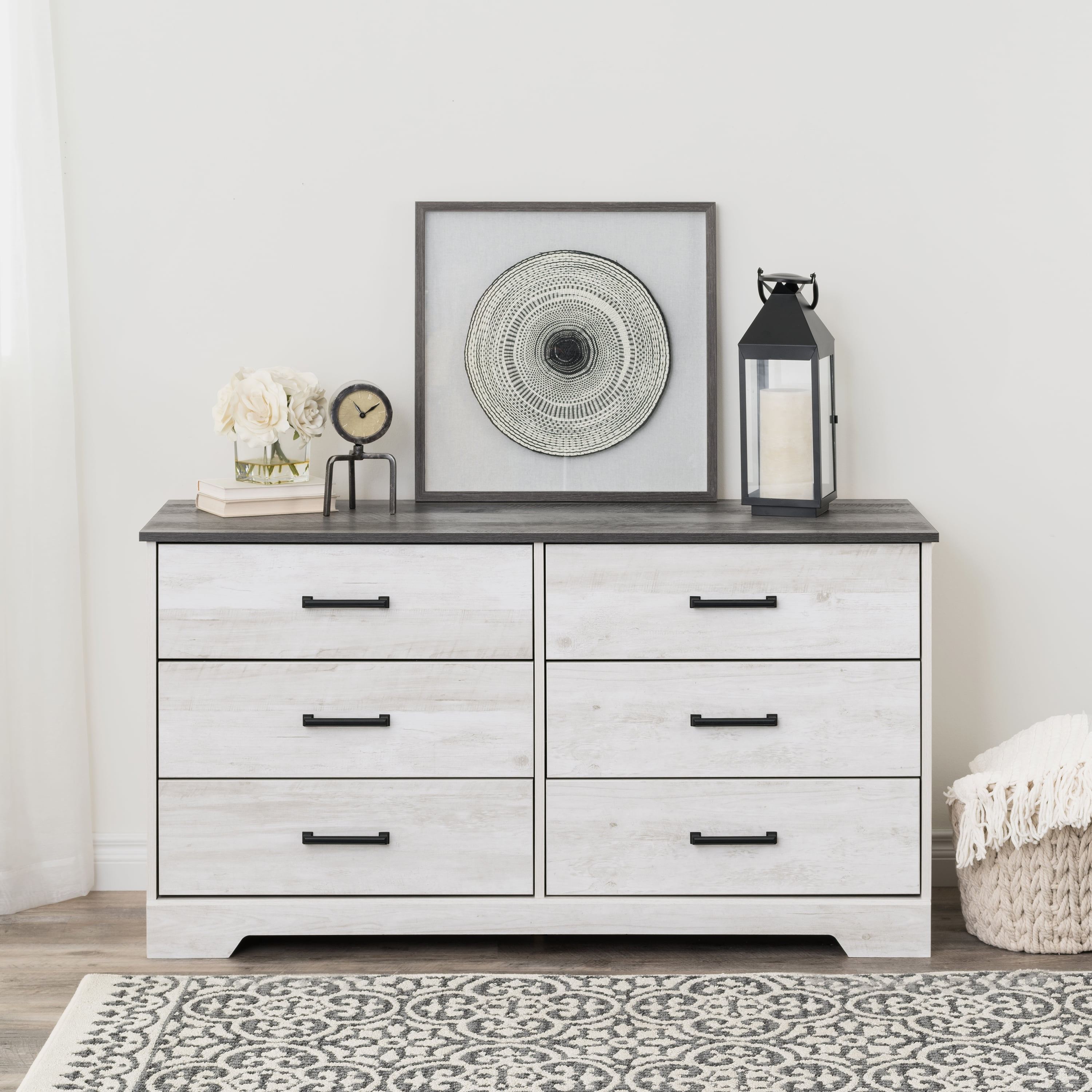 Washed White Farmhouse 6-Drawer Dresser with Soft Close