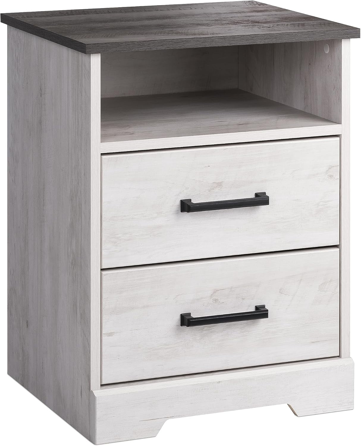 Washed White 2-Drawer Nightstand with Open Cubby and Gray Top