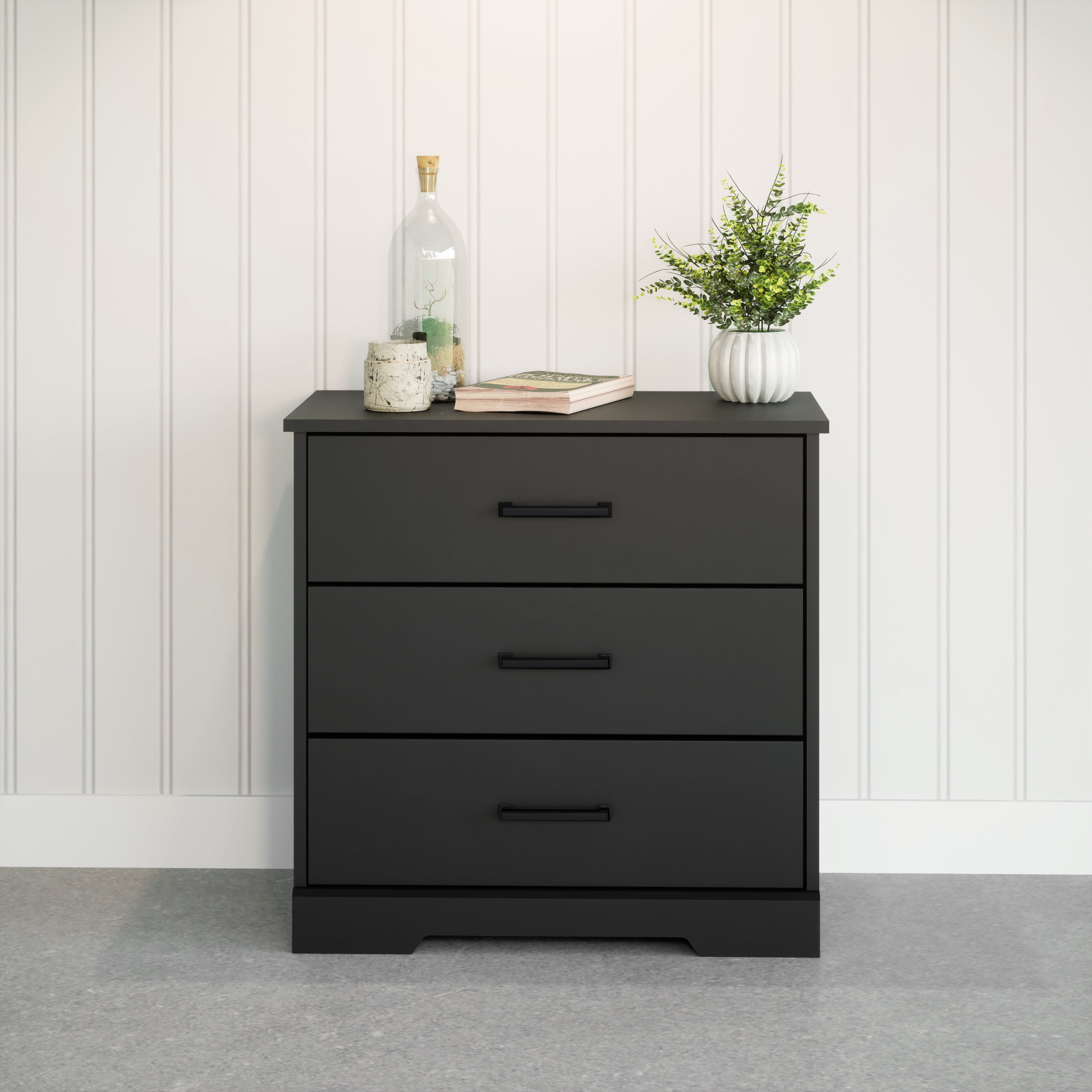 Black Farmhouse Nightstand with Three Drawers