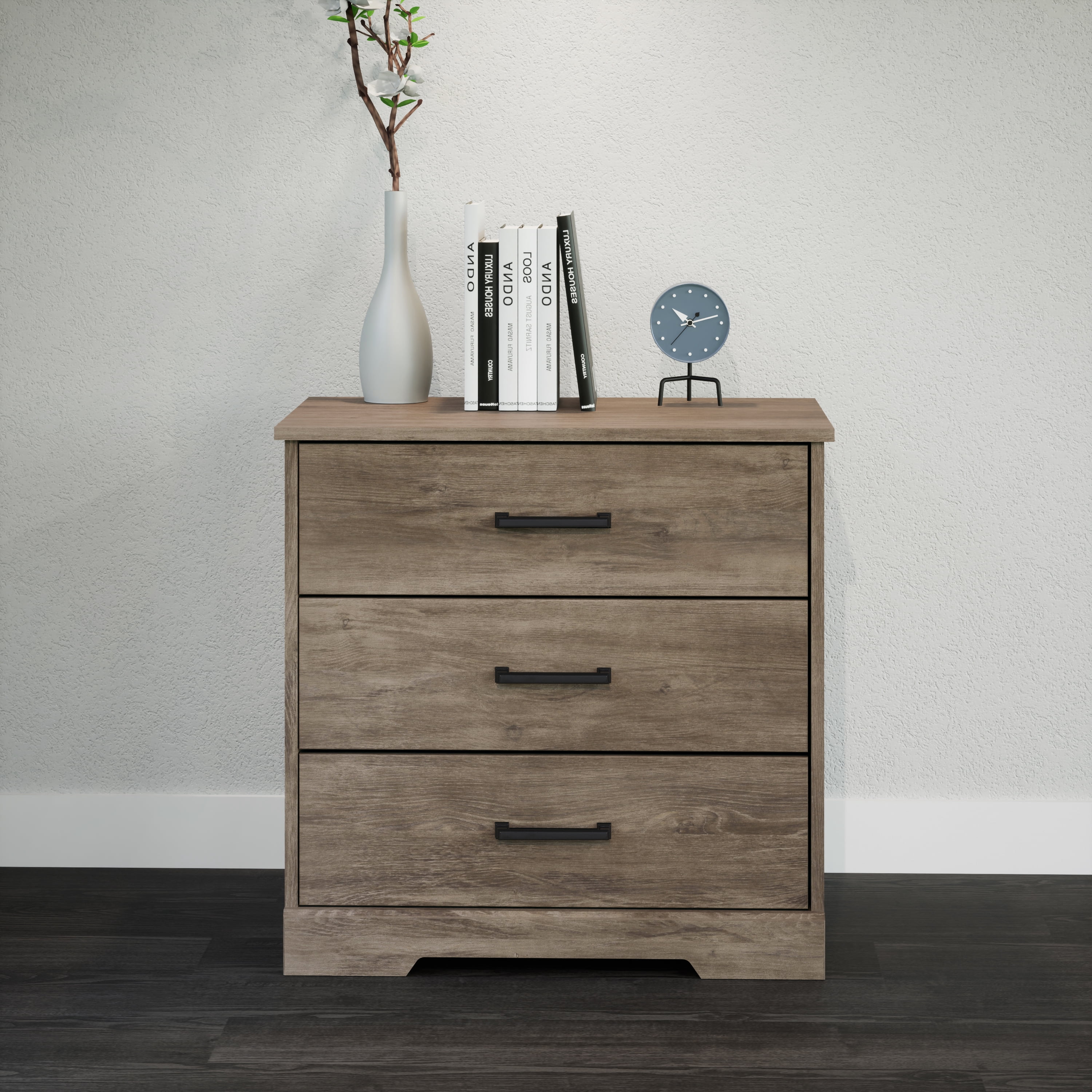 Rustic Gray Oak 3-Drawer Farmhouse Nightstand