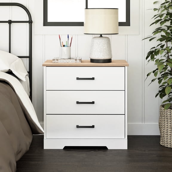 Prepac Rustic Ridge Farmhouse Nightstand Bedside Table, White and Oak Nightstand for Bedroom, End Table with 3 Drawers 16.25"D x 27.5"W x 26.75"H, WODNR-1603-1