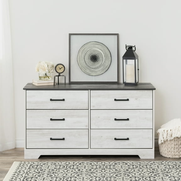 Prepac Rustic Ridge Farmhouse Washed White 6-Drawer Bedroom Dresser, 18.25" D x 53.25" W x 28.5" H