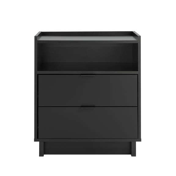 Prepac Simply Modern Nightstand Bedside Table, Black Nightstand for Bedroom, End Table with 2 Drawers and Open Shelf 23.75" W x 26.75" H x 16" D, BDNR-1802-1