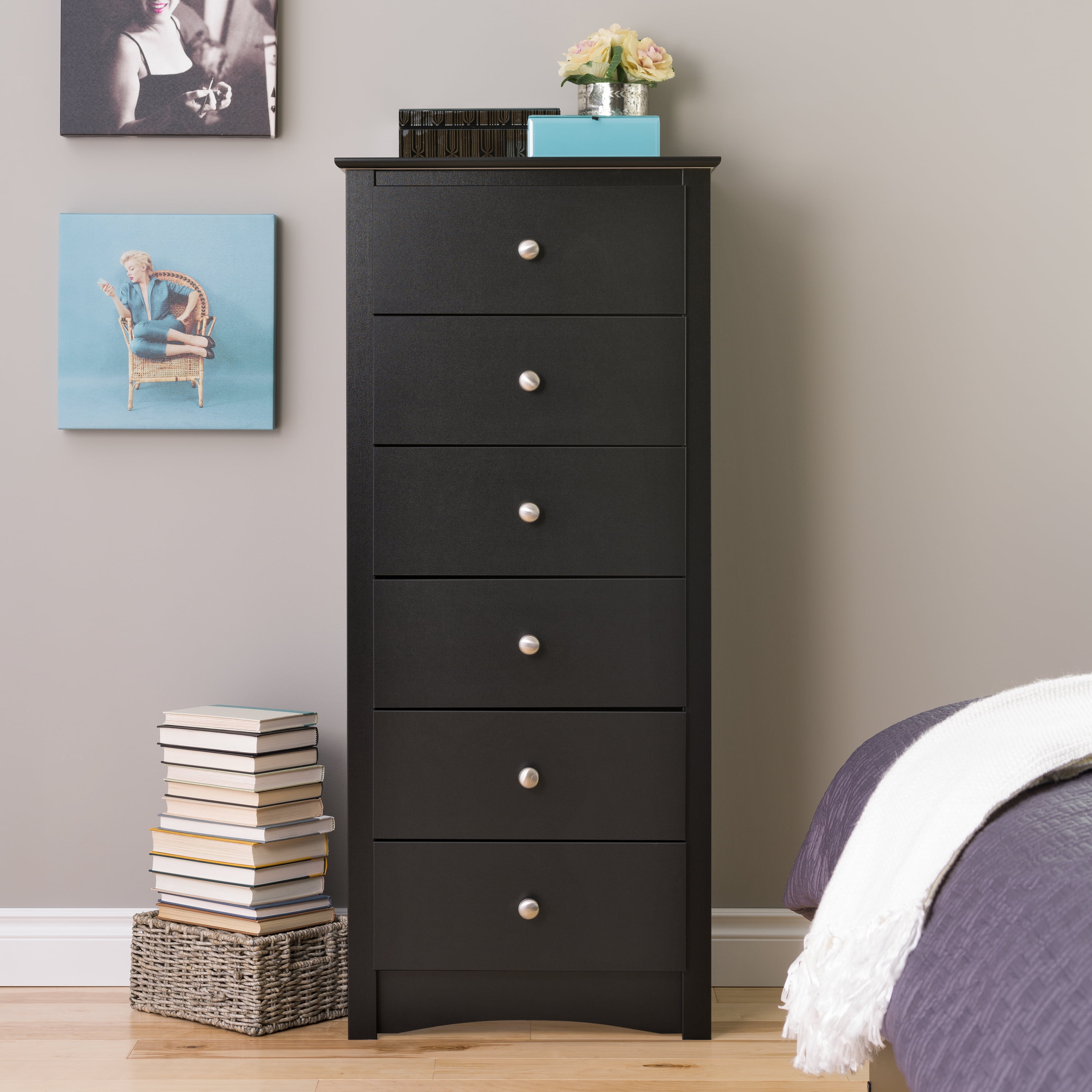 Black Vertical 6-Drawer Chest with Roller Glides