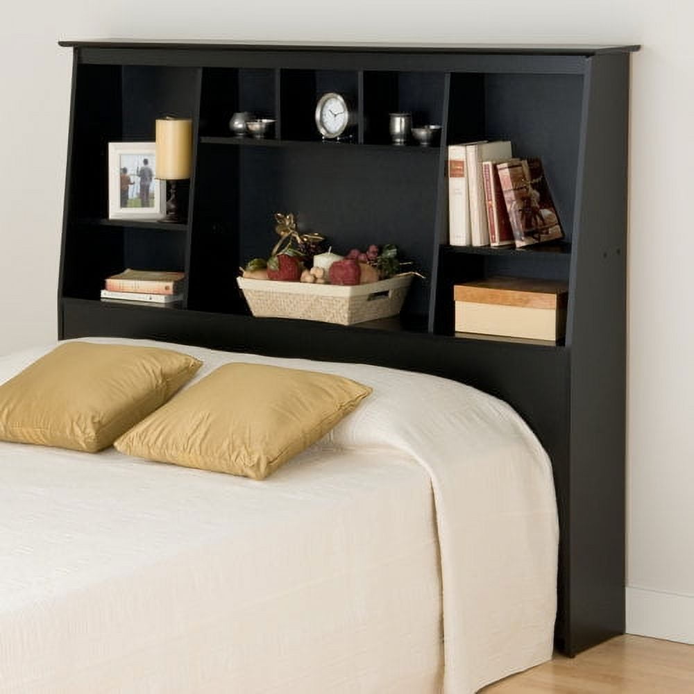 Black Full/Queen Tall Slant-Back Bookcase Headboard with Storage