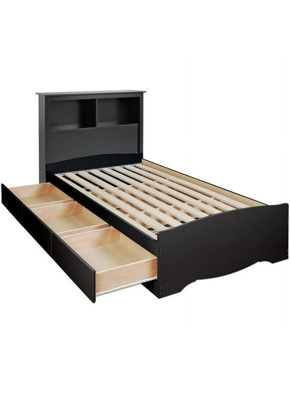 Prepac Sonoma Wooden Twin XL Bookcase Platform Storage Bed in Black