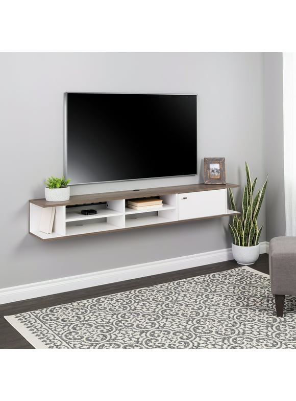 Prepac Wall Mounted Media Console with Door for TVs up to 70", White and Drifted Gray