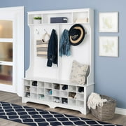 Prepac White Hall Tree with Bench and Shoe Storage, 60W x 77H x 15.5D - 24 Shoe Cubby, Mudroom Bench with Storage and Hooks