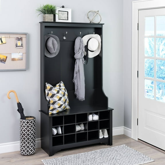 Prepac Wide Hall Tree And Bench With Shoe Storage, Black