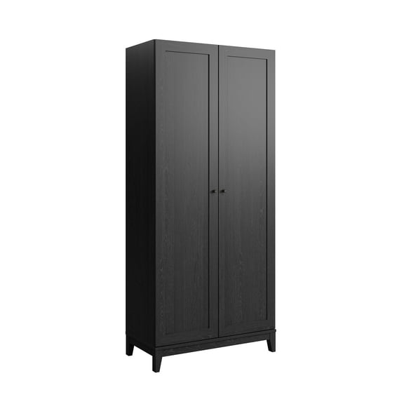 Prepac Yaletown 72" Tall Storage Cabinet with Solid Wood Legs, Pantry Cabinet with 3 Adjustable Shelves, Armoire for Bedroom, Bathroom, Kitchen and Home Organization Black Oak, 16" D x 32" W x 72" H
